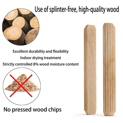 Two fluted hardwood dowel pins 1/4 x 1 1/2 inch for woodworking with text on quality and no pressed wood chips.