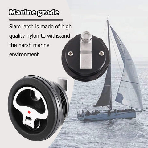 Durable marine cam latch with flush mount fits 2.5 inch hole, crafted from tough nylon with stainless steel cam bars, black color.