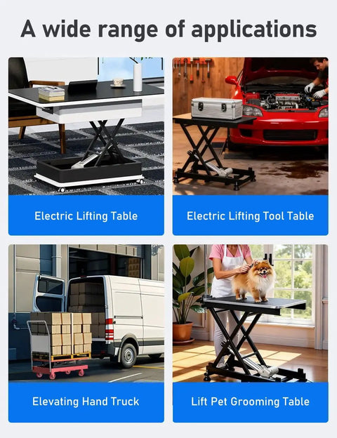 Four applications of Electric Scissor Lift Table 440Lb Height Adjustable With Remote WiFi showing table, tool, truck, and pet uses.