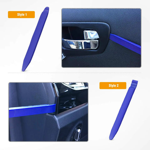 Auto Trim Removal Tool Kit 5 Piece No Scratch Pry Set for Car Door Panels and Dashboard Clips Dismantle Easy Includes Fastener Remover and Nylon Construction for DIY Car Repair close-up of blue nylon tool in use on car door handle