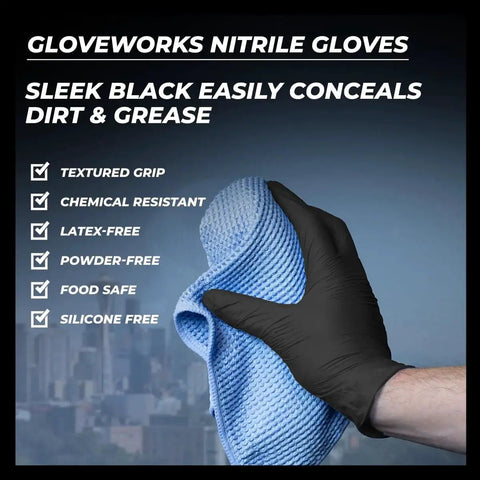 Hand wearing XL Black Nitrile Gloves 5 Mil Disposable For Food Prep And Cleaning 1000 Count holds blue cloth, checklist nearby.