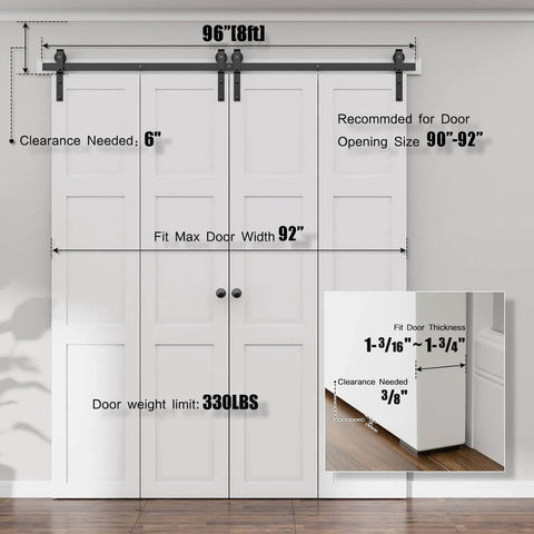 Beefed Up 96 Inch Bi Folding Sliding Barn Door Hardware Kit For Four Doors Up To 23 Inches Wide Each Heavy Duty 8 Foot Track System With Silent Nylon Rollers Smooth Quiet Operation Easy To Install Black Finish shown installed on white doors