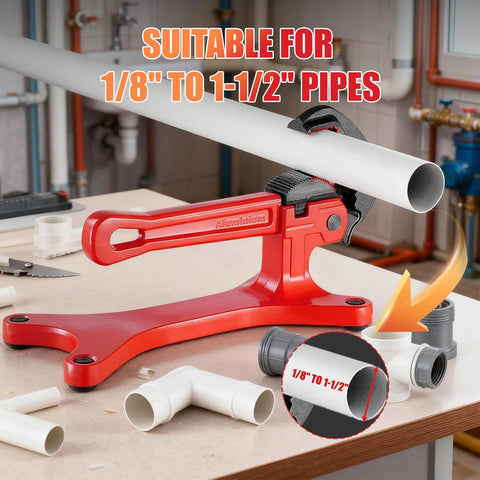 Front view of Alwalkee portable pipe vise, red aluminum body with non-slip jaws clamping 1/8"-1-1/2" pipes.