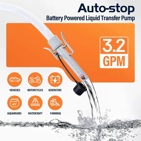 Portable Fuel Transfer Pump With Auto Stop Sensor And Overflow Protection, 3.2 GPM, shown with hose and application icons.