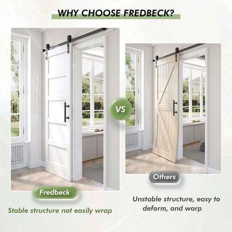 Comparison of installed 36x84 Inch White Barn Door With Six Point Six Foot Sliding Hardware Kit Included And Handle Five Panel Fits 33 To 34 Inch Opening Solid MDF PVC Surface Waterproof Scratch Proof Durable DIY Assembly and a wooden door opposing stability.