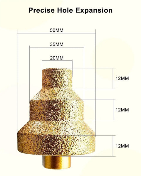 Diamond Step Drill Bit Set Pro Grade 20mm 35mm 50mm Pagoda Cone Tile Bit M10 Thread, showing tiered design with measurements.