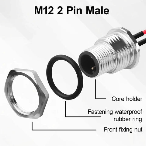 2 Pack Rugged M12 2 Pin Male Connector Cable A-Coded IP67 Waterproof Aviation Connector Pin To Bare Wire 22AWG Tinned Copper