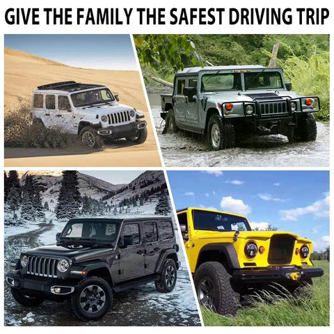 Collage of four Jeep Wrangler SUVs in white, silver, black, and yellow amid sand, water, snow, and grass