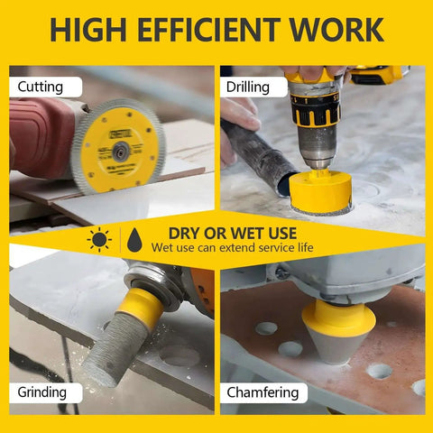Pro Grade 15 Piece Diamond Tile Hole Saw Kit includes cutting, drilling, grinding, and chamfering tools for tile and granite