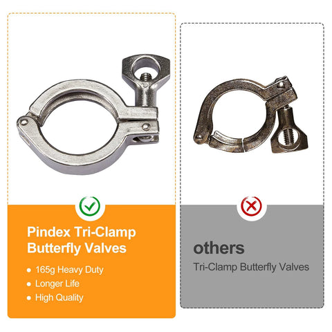 Front view: Pindex 1.5-inch heavy-duty tri-clamp butterfly valve with pull handle; second valve for comparison.