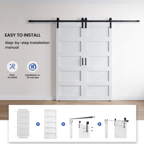 Double 32x84 White Barn Door With 11ft Sliding Door Hardware Kit installed on wall, showing 5 Panel MDF Slab and installation diagram.