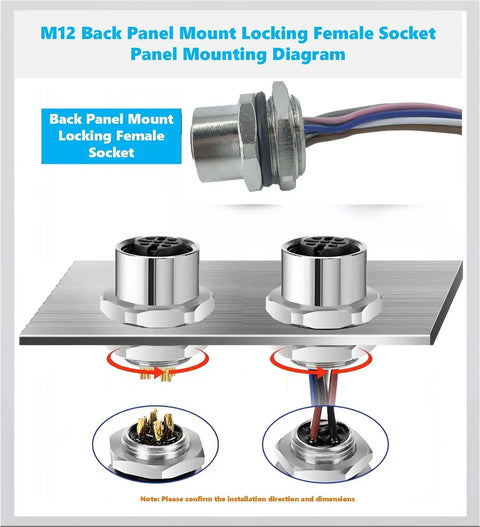 Diagram showing M12 5 Pin A Coded Connector Cable Female Panel Mount Extension Cable Flange Socket with gold contacts.