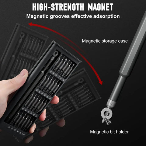 Hand holding 60 In 1 Magnetic Precision Screwdriver Set with bits, magnetic storage case, and bit holder for electronic repair.