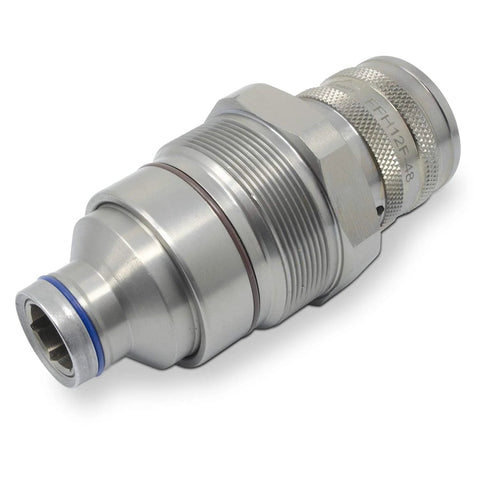 Hydraulic female flat-face quick coupler for skid-steer cartridge manifold, metal body with blue seal ring