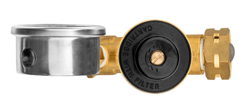 Brass RV water pressure regulator with cartridge filter and black adjustable dial; silver end cap.