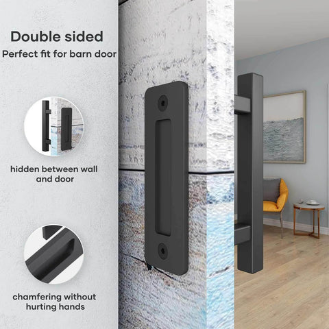 Image of 10 Inch Sliding Barn Door Pull Handle Set With Flush Hardware, Double Sided, Heavy Duty Square Design, Matte Black Powder Coated Finish, Easy Install, Solid Steel Construction, Smooth Chamfered Edges For Comfortable Grip installed on a wooden door.