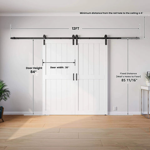 White Double Barn Door Kit With Twelve Foot Sliding Hardware 72 By 84 Inches Paired 36 By 84 Doors Non Bending MDF And PVC Coating Pre Drilled Ready To Assemble H Frame Waterproof Finish Ideal For Living Room Bedroom Bathroom Pantry installed in room view