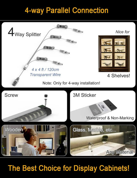 Ultra Bright LED Under Shelf Lighting For Wide Shelves 8 Panel Kit With 4 Way 1.2m Splitter installation options and cabinet display