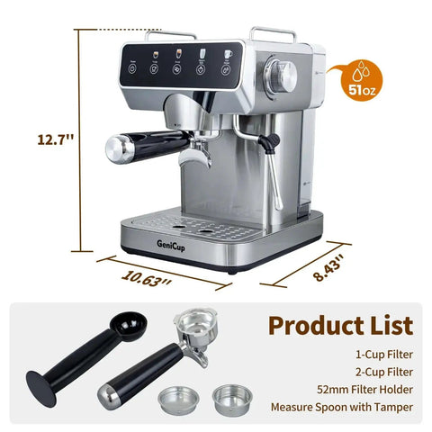 Espresso Machine With 20 Bar Pressure, Touchscreen Interface, Milk Frother And Hot Water, Stainless Steel Coffee Maker for Home or Office