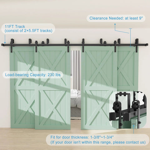 11Ft Four Doors Double Track Bypass Sliding Barn Door Hardware Kit Hardware Only No Doors Included Stainless Steel Rails