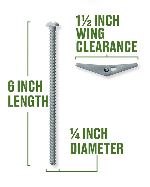 Round Head Machine Screw Toggle Bolts For Drywall Plaster Tile And Hollow Block With Spring Action Wings To Create Firm Backing Behind Hollow Walls And Large Bearing Surface For Even Load Distribution Pre Drill Required 50 Pack Quarter Inch By Six Inch