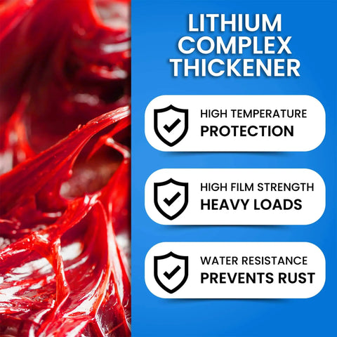 Lithium complex thickener close-up, highlighting high temperature protection, heavy load support, and water resistance of grease