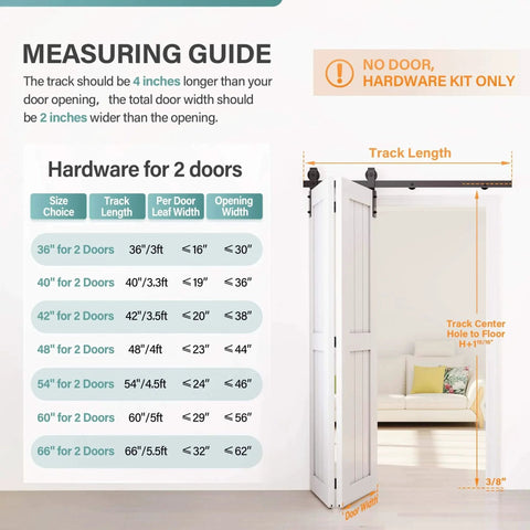 Measuring guide for Carbon Steel Bifold Barn Door Hardware Kit For 32 Inch Closet Doors 3ft Track Smooth Quiet Black