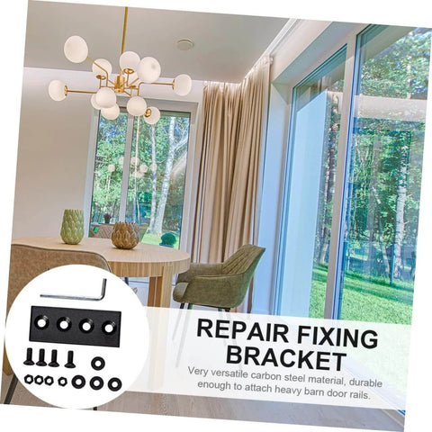 Metal Track Connection Plate Set For Barn Door Fixes Straight Brace Brackets And Fixing Plates For Easy No Fuss Installation Replacement Rails Durable Carbon Steel Repair Kit Works On Old Or Damaged Barn Door Tracks shown in modern living room setting.