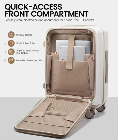Expandable 22x14x9 Carry On Luggage with USB Charging Port Front Pocket and TSA Lock PC Hardside Spinner Wheels open front view