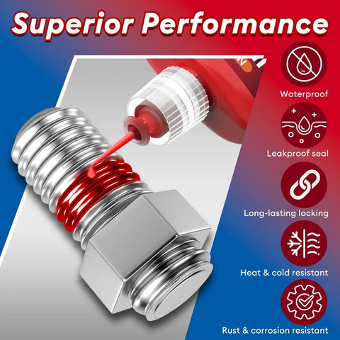 Blue And Red Thread Lock Duo For Nuts And Bolts, Medium Strength Blue And High Strength Red Threadlocker For Fasteners, Metals And Leakage Prevention, 50ml Each, 2 Pack, Removable And Permanent, Vibration Resistant, Ideal For Cars And Machines By Nanoxa shown in use on a metallic bolt with highlighted features of waterproof, leakproof seal, long-lasting locking, heat, cold, rust, and corrosion resistance with the top text 'Superior Performance'.