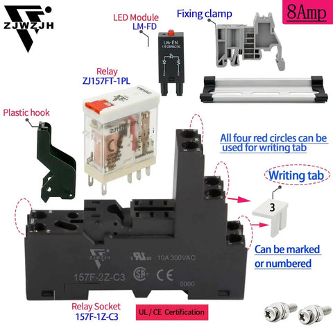 Six Pack Mini Relay Switch 8 Amp 110 To 120V AC DPDT with socket base, test button, LED indicator, screw terminal, and DIN rail mount.