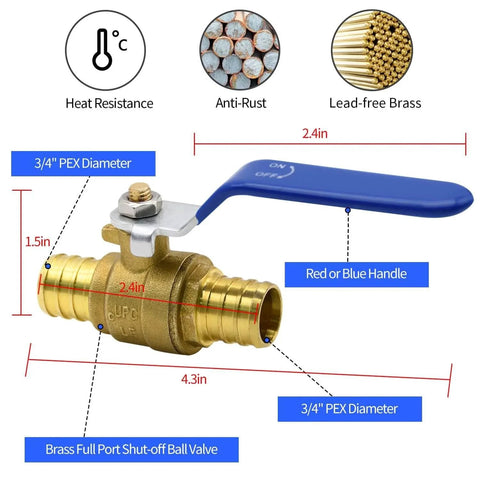 Ten Pack Brass PEX Ball Valves Three Quarter Inch Full Port Shut Off Quarter Turn Red And Blue For Hot Water Cold Water