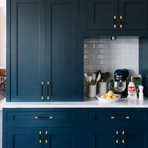 Blue kitchen with 10 Pack Black And Gold Knurled 5 Inch 128mm Hole Center Cabinet Handles For Kitchen Cabinets And Drawer Pulls.