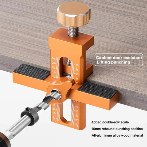 2 In 1 Cabinet Door Installation Jig With Adjustable Positioner in use, made of orange aluminum alloy with dual 0 to 30 scales visible.