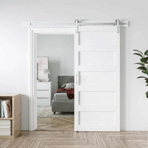 36 By 84 Inch White Sliding Barn Door With 6.6 Foot Brushed Nickel Hardware Kit And Handle, 5 Panel, Pre Drilled Holes, in modern home interior