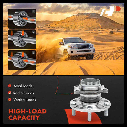 High-load capacity rear wheel bearing and hub assembly with ABS ring in off-road setting, highlighting axial, radial, vertical loads.