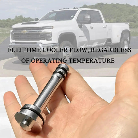Hand holding 2 Pack 6L80 6L90 8L90 Transmission Thermostat Bypass Kit with CNC Machined Aluminum Valve and Buna O Rings