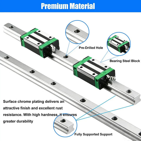 Pro Grade Linear Guide Rail Kit With 200mm Rails And Four HGH20CA Bearing Blocks for 3D printers showing metal rails and bearing blocks