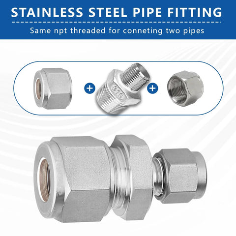 Front view of a 2-pack 316 stainless steel reducing hex nipples, 3/4" to 1/2" NPT male pipe fittings for plumbing