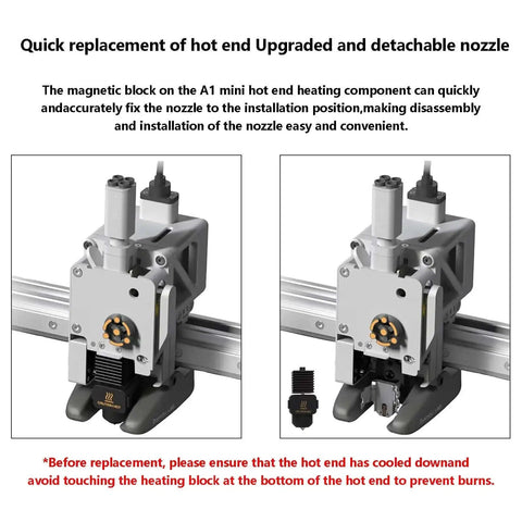 Hotend Upgrade Kit For A1 Mini And A1 3D Printers with 0.2mm Hardened Steel Nozzle, silicone socks, heating block, detachable nozzle
