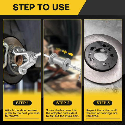 Guide showing steps to use Nine Way Two Thirds Jaw Bearing Hub Gear Seal Remover Tool And Nineteen Piece Heavy Duty Slide Hammer Puller Kit