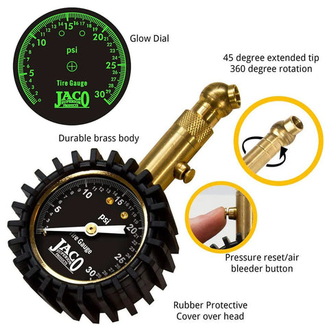 JACO Elite Low Pressure Tire Gauge, brass body with glow dial and 30 psi