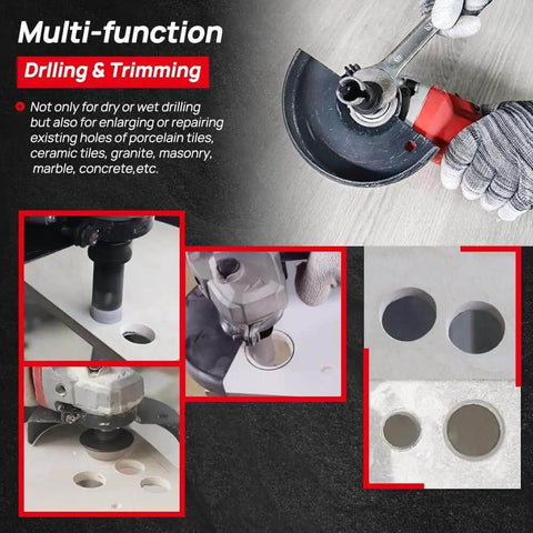Multi-function drilling and trimming with Tile Hole Saw Kit Pro Grade Diamond Core Drill Bits Set in use on tile surface.