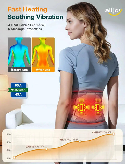 Woman using 67 Inch Cordless Heating Pad For Back Pain Relief With 3 Heat Levels And 5 Vibration Intensities, wireless back massager