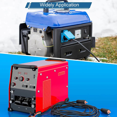 Two machines showcasing wide application: a blue portable generator and a red welding machine with cables.