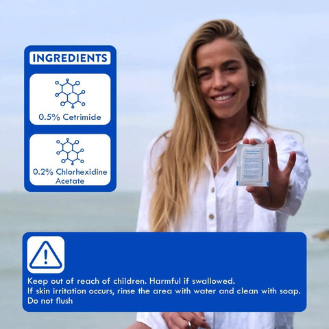 Woman holding Alcohol Free Hearing Aid Cleaning Wipes 100 Pcs Individually Packaged with ingredient list in background.