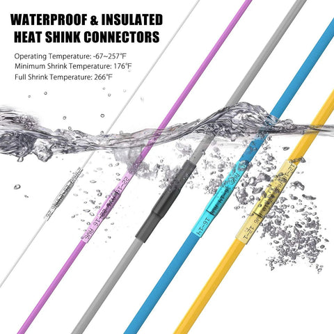 Heat shrink butt wire connectors set for 22-16 AWG, waterproof insulated, automotive/marine grade, color-coded, 100 pcs