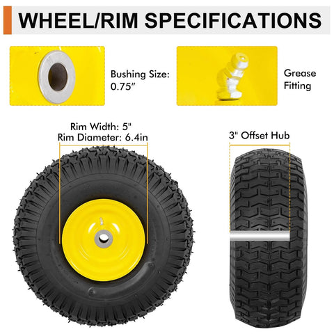 2 Pack Front Tire And Wheel Assembly For Riding Mowers 15x6.00-6 Fits 100 And 300 Series, featuring 3 inch offset hub and bushing size 0.75 inch