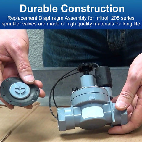 Sprinkler diaphragm replacement assembly for Irritrol 205 series valves; two blue-gray plastic parts held in hands