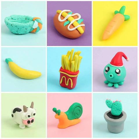 Various creations made with 50 Color Polymer Clay Set For Kids And Artists, including food and animals, showcasing vivid textures and colors.